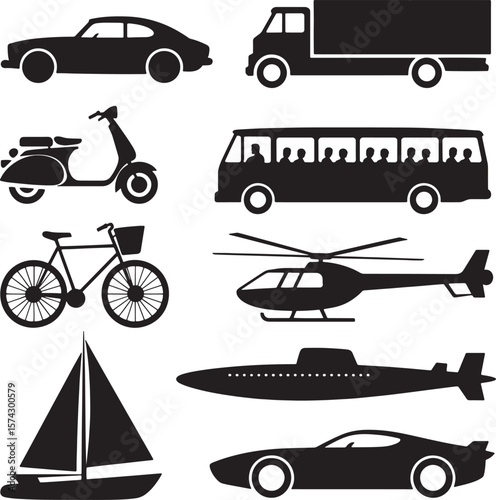 Diverse transportation vehicles including cars bus helicopter boat and scooter truck bicycle