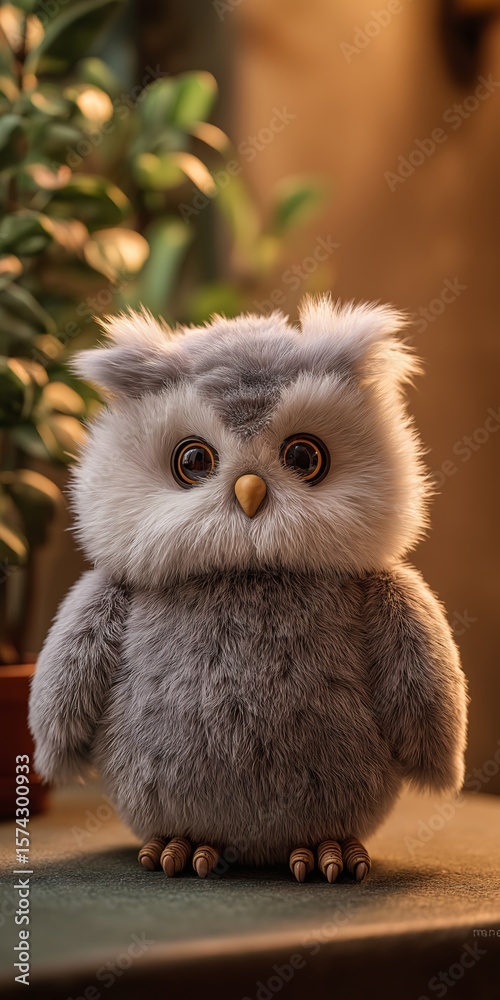 Fototapeta premium A cute owl with big eyes sitting and looking with a blurred background