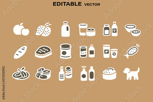 Collection of simple white food and drink icons on a brown background editable vector graphic