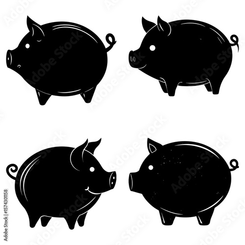 Four black pigs with curly tails and short legs in various positions on a white background image here