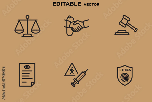 Collection of six simple line icons representing justice agreement law privacy warning and ethics on a brown background