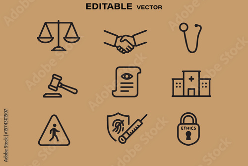 Collection of thin line icons representing justice healthcare law ethics security and safety concepts