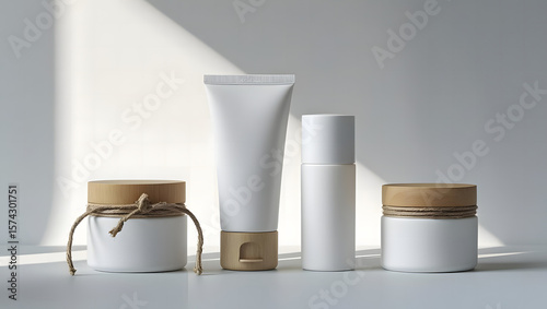 Minimalist white cosmetic products with natural wood accents and rope detail on a light background