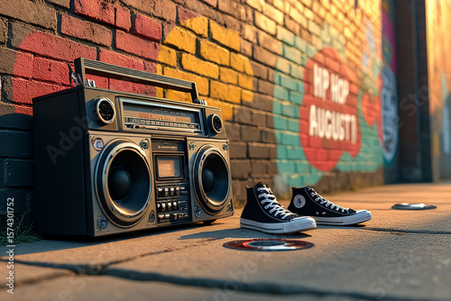 Hip Hop Celebration Day Urban Still Life with Boombox, Vinyl, and Graffiti