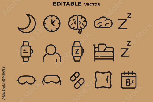 Collection of simple line icons representing sleep health and wellness concepts on a beige background