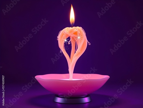 Melted Candle: Romantic, Glowing Wax Drips in Pink Bowl - Elegant Purple Background