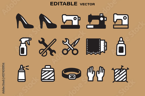 Collection of editable vector icons related to fashion sewing and crafting on a beige background