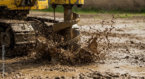 Heavy duty drilling machine auger digging into wet muddy ground with splash