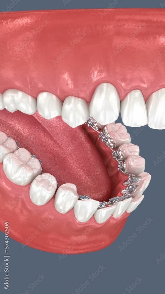 Lingual braces orthodontic system. Dental 3D animation