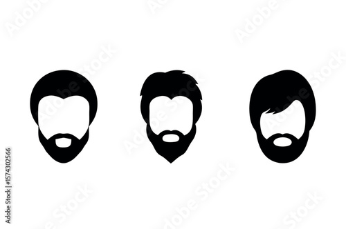 Male Hairstyles and Beards Vector Set in Silhouette Style – Short, Medium, Long Haircuts with Beard Types on White Background

