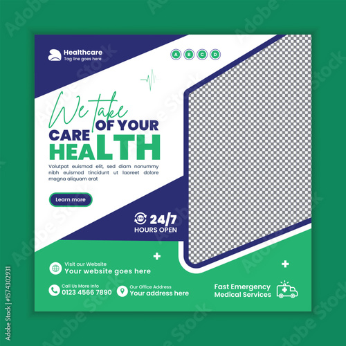 Medical and healthcare services social media post banner design, Clinic and doctor appointment Facebook and Instagram post template