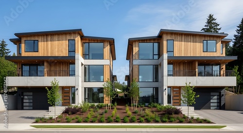 Modern twin homes with wood and concrete facades and large windows under blue sky