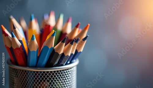 close up shot of pen cup with colored pencils and light bouncing off metal