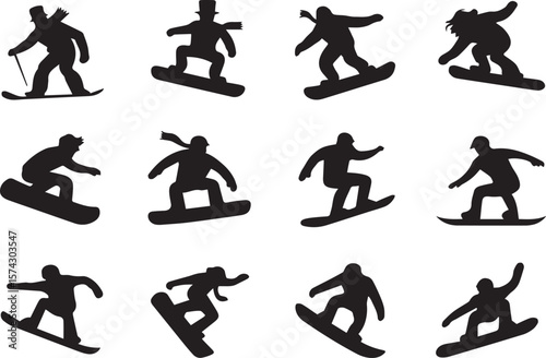 A set of different types of black snowboarder silhouette on a white background.