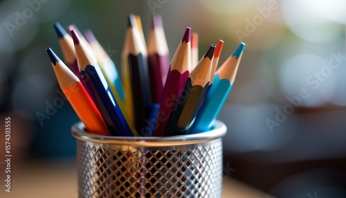 close up shot of pen cup with colored pencils and light bouncing off metal