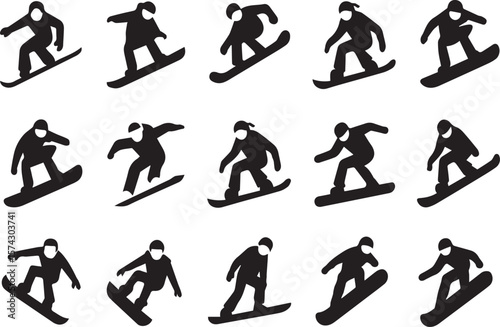 A set of different types of black snowboarder silhouette on a white background.