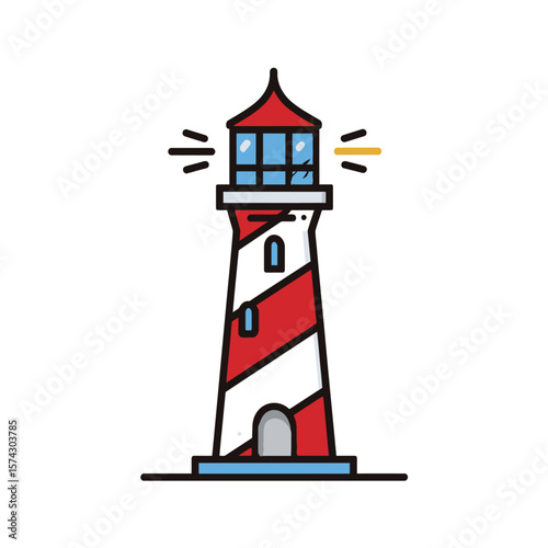 Red lighthouse emits light near coastal area vector