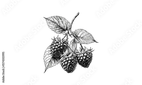Vintage berry ink sketch, black raspberry hand drawing, antique food artwork, retro botanical decor, detailed fruit illustration, farmhouse kitchen print, ink engraved fruit