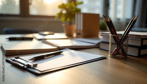 a modern, neatly organized office desk scene captured in a shallow depth of field, viewed from a low angle perspective