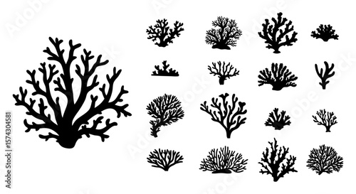Set of coral silhouette vector illustrations. Includes various underwater coral shapes in black, perfect for ocean, marine life, and nature-themed design projects.