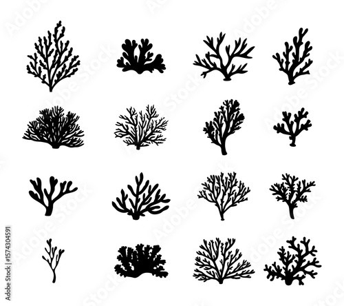 Set of coral silhouette vector illustrations. Includes various underwater coral shapes in black, perfect for ocean, marine life, and nature-themed design projects.