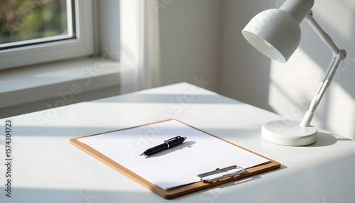 clean minimalist workspace with clipboard, black pen, and white desk lamp in natural light