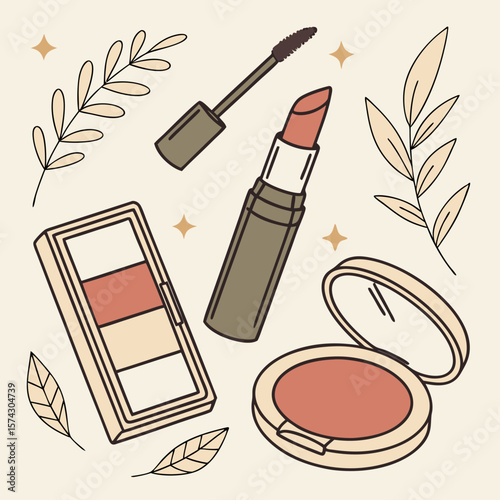 Flat lay vector illustration of essential makeup products for women: foundation, concealer, primer, compact powder, on soft beige background.make up set