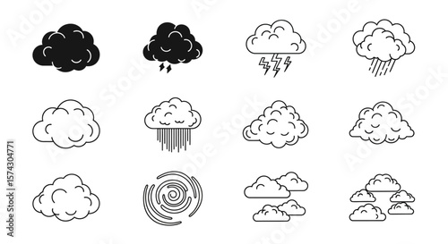 Cloudy Weather Icon Set: A captivating collection of weather icons, depicting diverse cloud formations, including those that signal storms, downpours, and even the dramatic swirl of a cyclone.