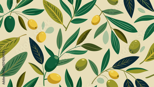 Organic olive vector pattern – Mediterranean seamless background with hand-drawn olives, branches, and leaves for food packaging, fabric, and kitchen decor