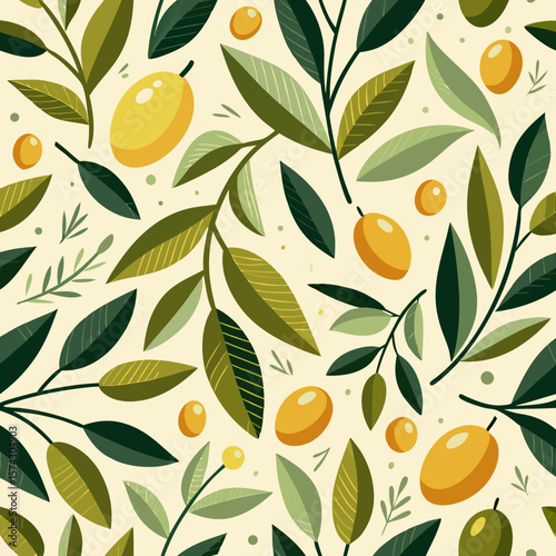 Organic olive vector pattern – seamless illustration with olives, branches, leaves, natural Mediterranean design for food packaging, decor, and branding