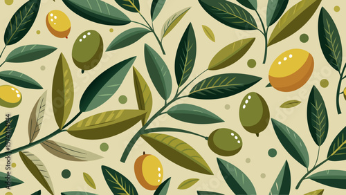 Organic Olive Vector Pattern – Hand-Drawn Mediterranean Seamless Design Featuring Olives, Branches, Leaves, Ideal for Packaging, Fabric, Kitchen Decor