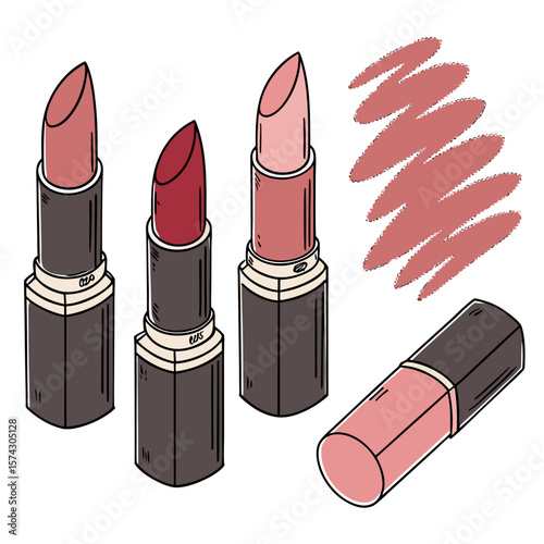 set of lipsticks. Realistic vector of lipstick shades in open tubes, swatches beside each, with glam female lips showing different lip makeup styles