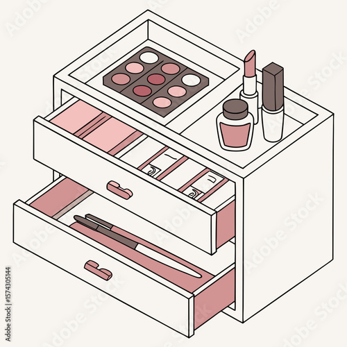 vector illustration of a box with makeup items. Stylized vector of a girl’s open makeup drawer showing neatly arranged products: lipsticks, palettes, foundations, tools in isometric view