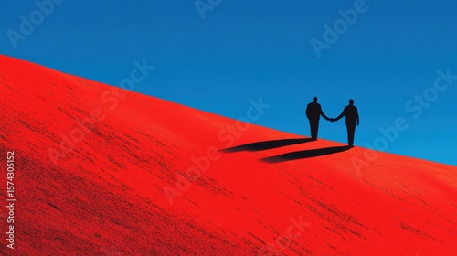 Symbolic depiction of partnership and cooperation on a sloping red surface under a clear blue sky with contrasting shadows