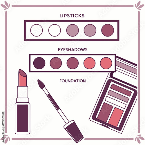make up set and color. Stylized vector art of a makeup color chart with swatches of different lipsticks, eyeshadows, and foundation tones on white background