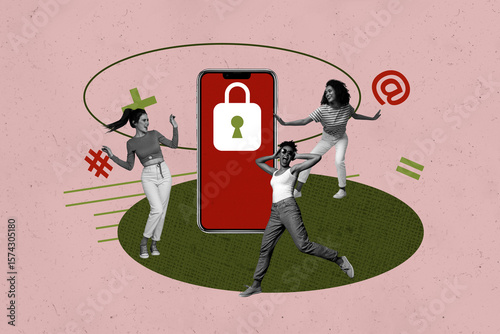 Pop image sketch 3d collage poster of happy girl guy stand cellphone lock antivirus protection key access decoding spyware
