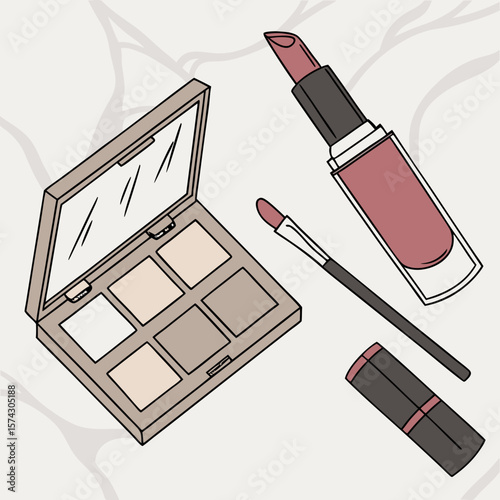 make up box. Vector art of beauty flat lay scene with open eyeshadow palettes, lipstick, foundation bottle, and brush scattered on a marble surface