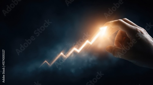 A hand grasping a radiant ascendant graph with a strong upward arrow conveying themes of wealth accumulation and positive economic outlook amidst a dark atmosphere