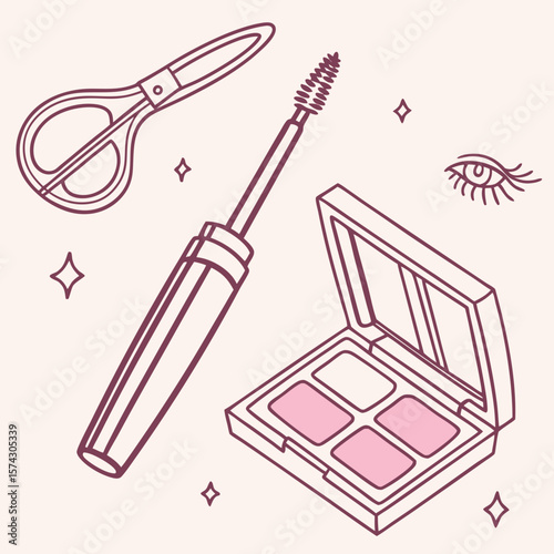 set of cosmetic brushes. Vector set of eye makeup tools: mascara, eyeliner pencil, eyeshadow palette, eyelash curler, with elegant hand-drawn look, pastel colors