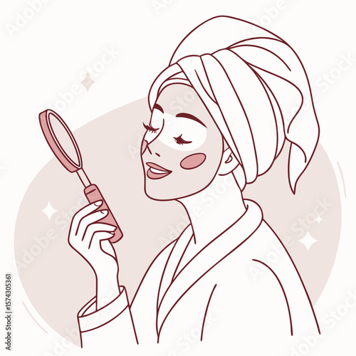 girl with a hair towel. Woman with towel on head and face mask, holding lipstick while looking into a hand mirror, self-care beauty routine, soft pastel vector