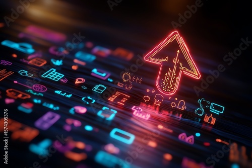 Digital technology with neon arrows and icons representing progress.