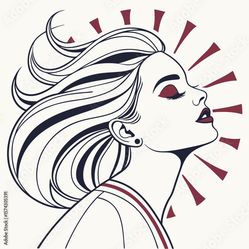 Beautiful girl face with flowing hair, bold lips, and makeup elements like blush brush, lipstick, and eyeliner around her head in a radial pattern. girl with long hair