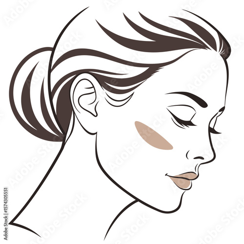 Close-up vector of a woman’s face with different makeup zones highlighted: contour, blush, highlighter, and foundation blending areas. portrait of the girl