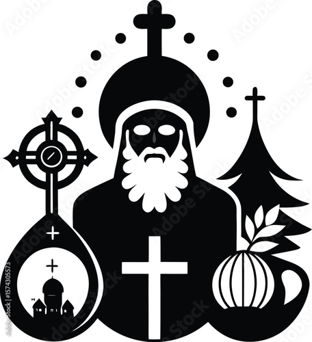 Stylized Orthodox Christian saint with symbols isolated on a white background