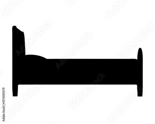 A minimalist silhouette of a bed with a pillow and ornate frame