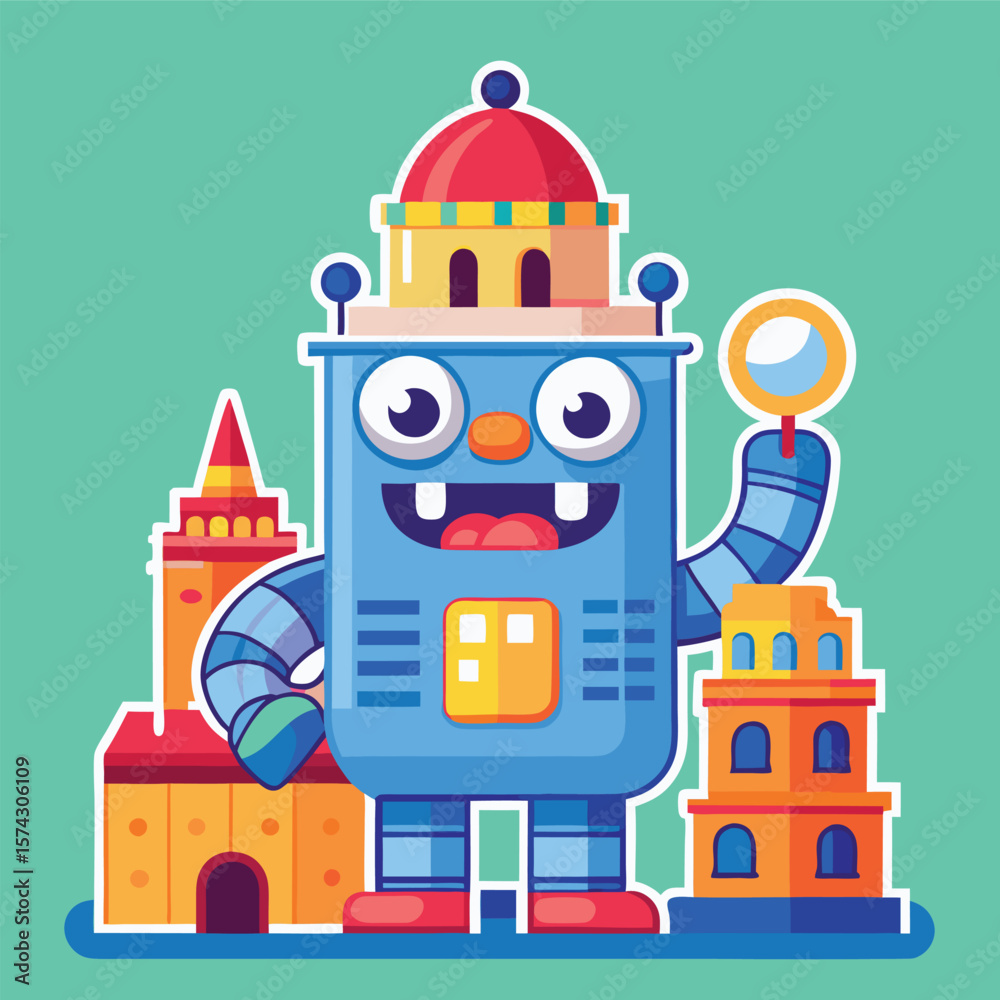 Fototapeta premium Cartoon robot with buildings, holding magnifying glass