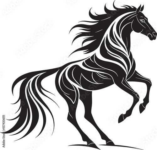 Black horse with flowing mane and tail white animal