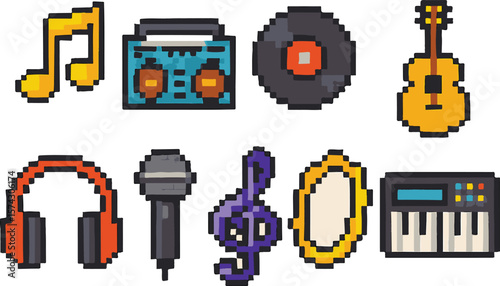 MUSIC icon set, pixel art, eps 10 illustration