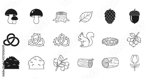  Forest Icons: A collection of illustrated icons represents elements commonly found in a forest. These detailed images showcase various aspects of forest life.