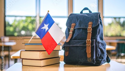 Books, flag, and backpack on a table